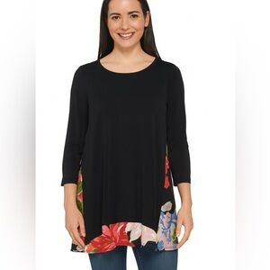 Susan Graver Black Floral Tunic Top Size L EUC